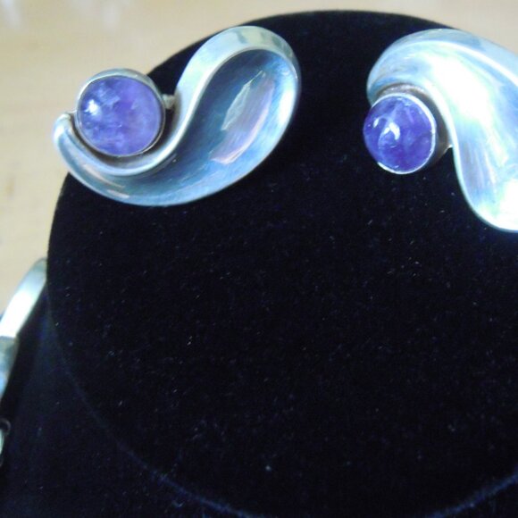 4 pc Antonio Pineda Taxco Silver 925 Comma Amethyst Necklace Bracelet Earrings - Picture 7 of 10